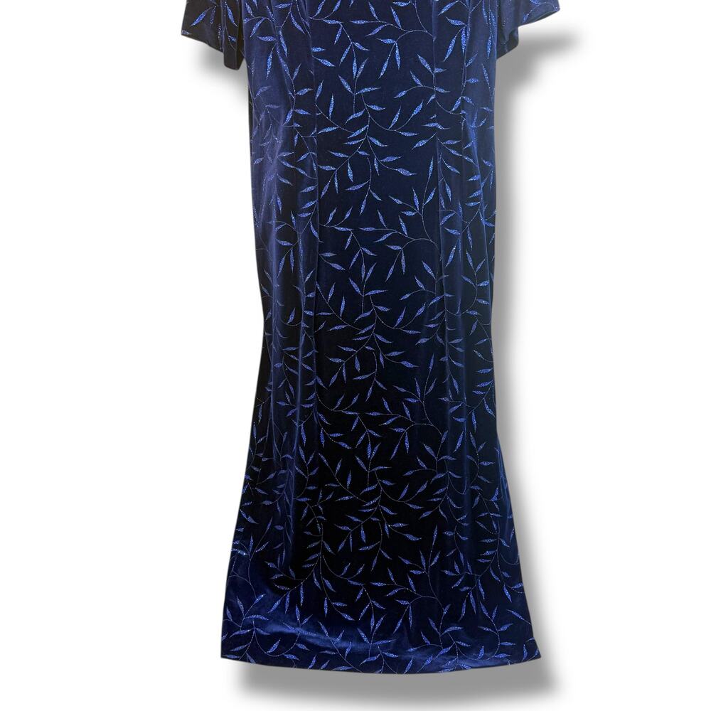 Another Thyme Blue Velvet Maxi Dress Glitter Leaf Pattern Vintage 18 Large 8 -10 - Picture 9 of 13